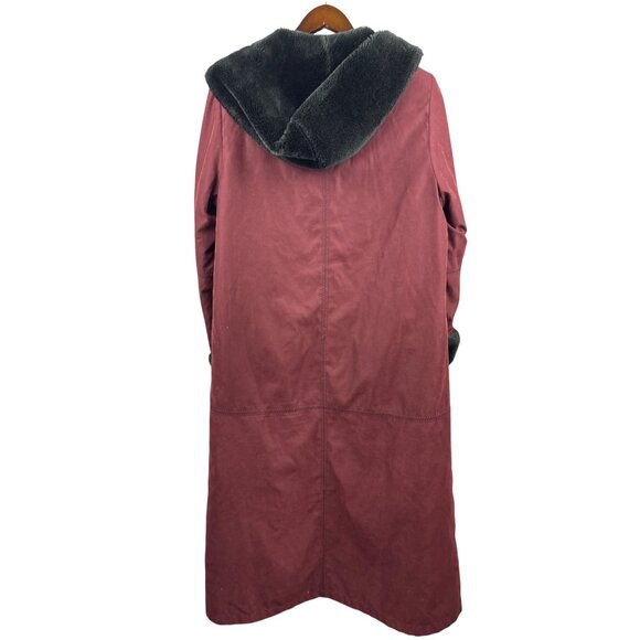 Women’s Utex Design Medium Long Burgundy & Black Fur Lined Hooded Suede Coat - Picture 3 of 6